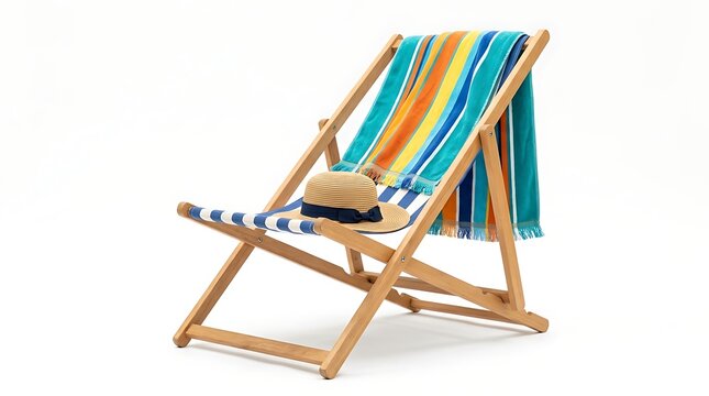 Vibrant summer beach chair with hat on colorful towel summer vacation