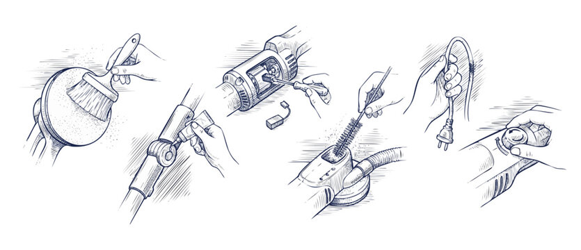 Vacuum cleaner maintenance repair manual steps showing how to fix, clean, and service home appliances with hand tools, brush, glue, electricity plug, and screwdriver in vintage blue sketch diagrams.