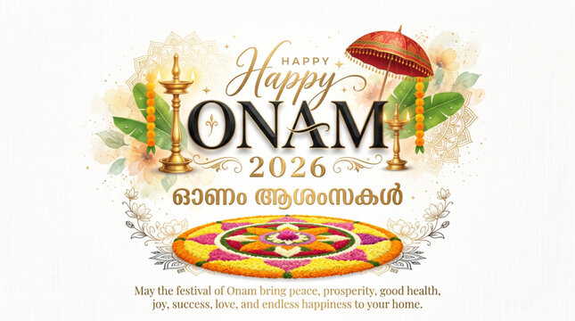 Happy Onam 2026 Greeting Banner with Traditional Kerala Festival Elements for Celebration and Social Media Design