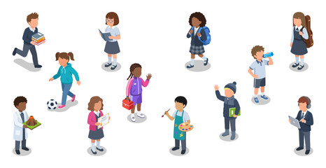 Fototapeta premium School children and diverse students walking studying or playing sports | Isometric primary education people character vector illustrations set
