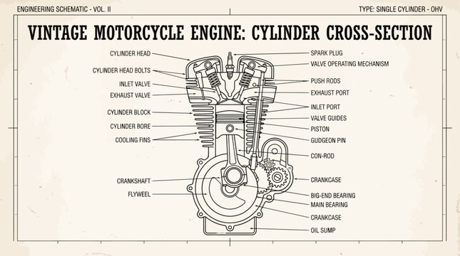 Vintage Motorcycle Engine Cylinder Cross-Section Schematic
