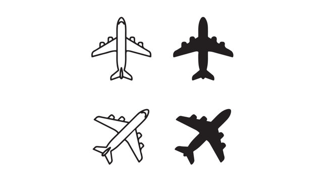 Minimalist airplane icon set with four vector silhouettes, black and white aircraft symbols for travel and aviation design, commercial flight graphics