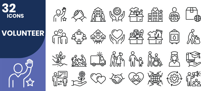Professional volunteer line icon set featuring charity, donations, community service, humanitarian aid, nonprofit support, social responsibility, compassion, and outreach outline symbols.