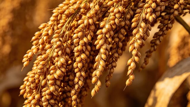 Golden sorghum heads drooping