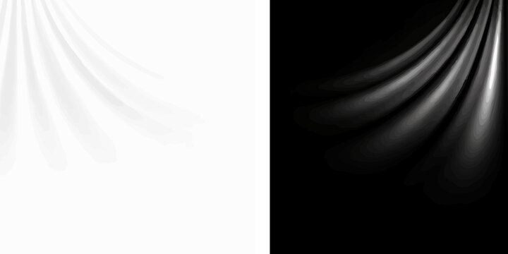 Split screen background featuring elegant white pleated curtain drapery beside dark black satin luxury silk folds 