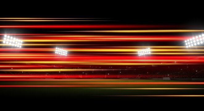 Stadium Lights Streaking Through Red and Yellow Light Trails at Night