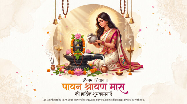 Sacred Shravan Maas Greeting Banner with Woman Performing Shiva Lingam Puja for Hindu Festival Celebration Design