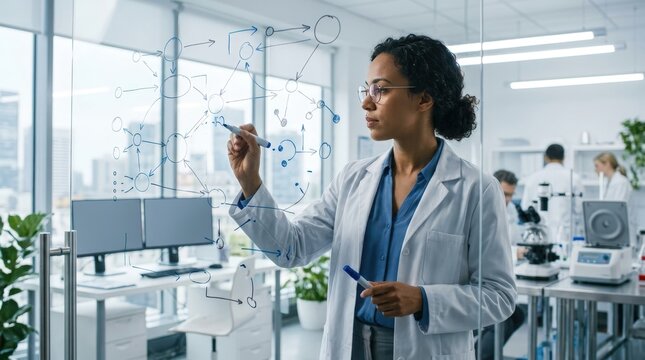 Scientist analyzing epidemiological data on glass board in modern laboratory