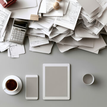 Tablet smartphone coffee cup calculator paperwork document office desk business workspace technology organized