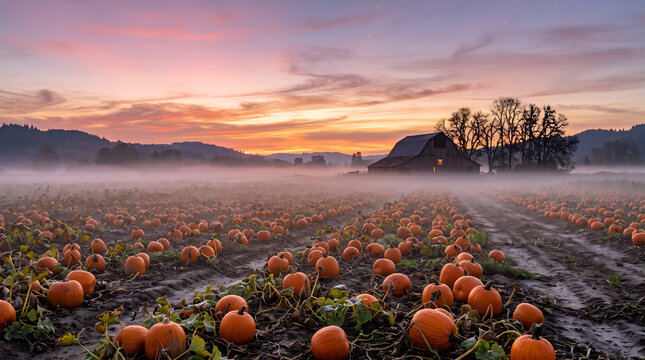 Pumpkin field at sunrise with fog