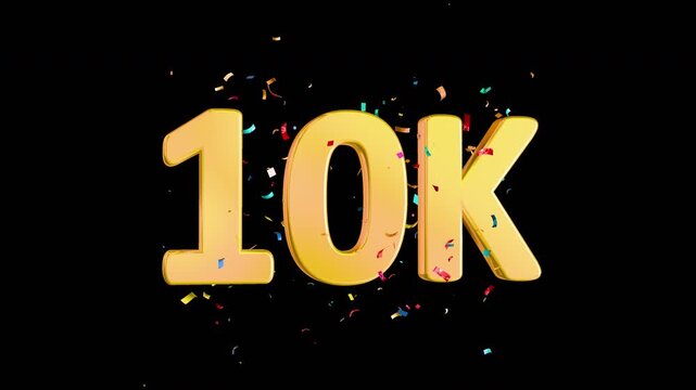 Golden 10K Followers Celebration 3D Text with Falling Confetti glitter and flying.