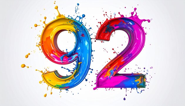 Vibrant colorful illustration of the number ninety two with paint splatters