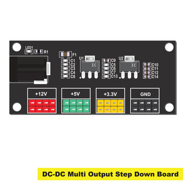 This voltage regulator module converts a higher DC input voltage into multiple stable output voltages, including 12V, 5V, and 3.3V, making it ideal for Arduino, ESP32, Raspberry Pi, embedded systems.