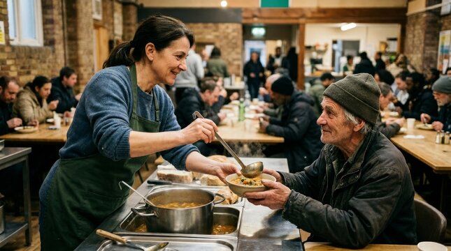 Female volunteer serving meal to elderly male in community center soup kitchen
