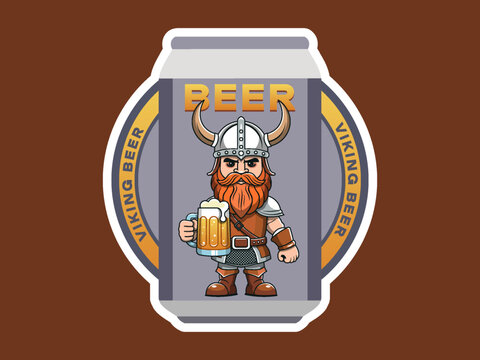 Vector coaster. Brutal ginger bearded cartoon viking wearing horned helmet and leather armor, holding full glass mug of foamy beer. Badge or sticker. Toon scandinavian ancient warrior