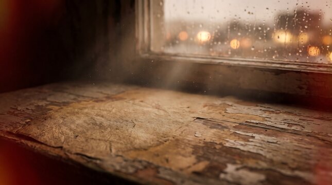 Dust motes floating in sunlight on old wooden windowsill