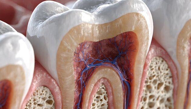 Detailed Cross Section of Human Tooth Anatomy in Ultra Realistic 3D Medical Macro Illustration