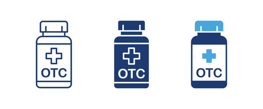 OTC medicine bottle container, Over the counter drug pharmacy icons, Healthcare medical prescription jar symbols, Non prescription vitamin supplement elements, Vector illustration