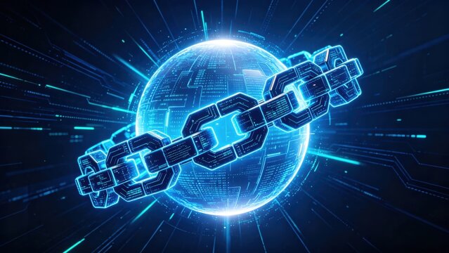 Blockchain chains wrapped around glowing data sphere