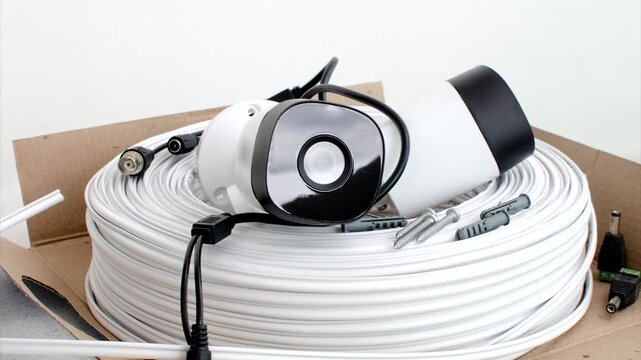 CCTV - Security camera and cable roll ready for installation, ensuring efficient protection.