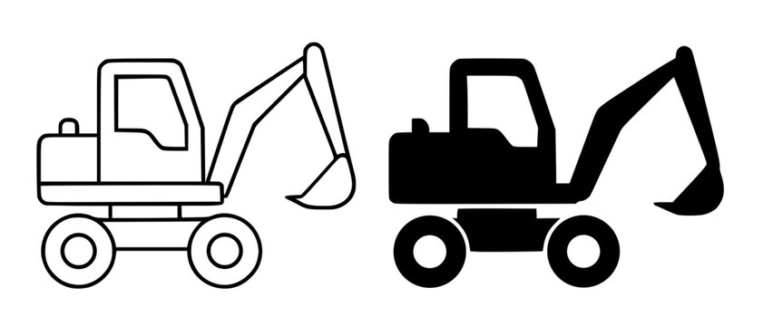 Minimalist wheel excavator icon in outline and silhouette design