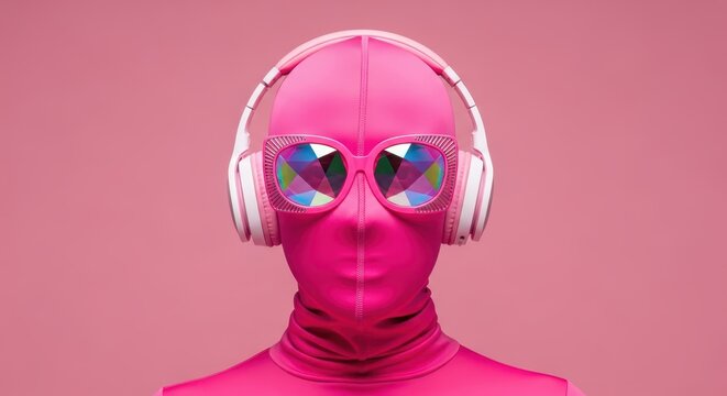 Surreal Portrait of a Person in a Pink Spandex Bodysuit Wearing Kaleidoscope Sunglasses and Headphones on a Pink Background