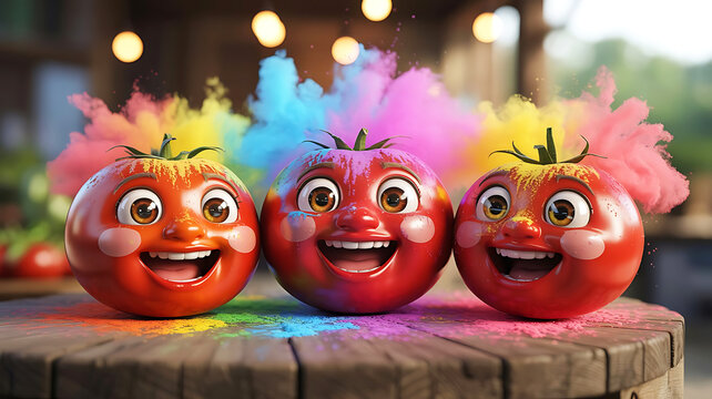 Colorful cartoon tomatoes, smiling faces, rainbow hair, whimsical still life, vibrant fruit decoration