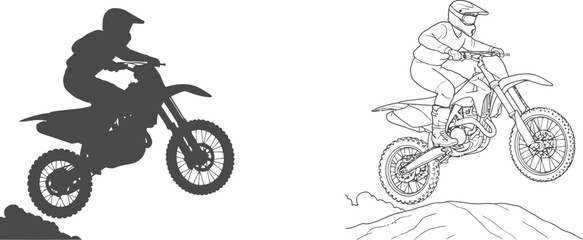 Motocross Biker Silhouette and Line Art with a Dirt Bike Jumping Over an Obstacle © Lamieya2