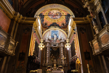 Naklejka premium Richly decorated interior with Baroque frescoes and stucco work of the Chiesa di San Giovanni Battista in the center of Tremosine sul Garda, Lombardy