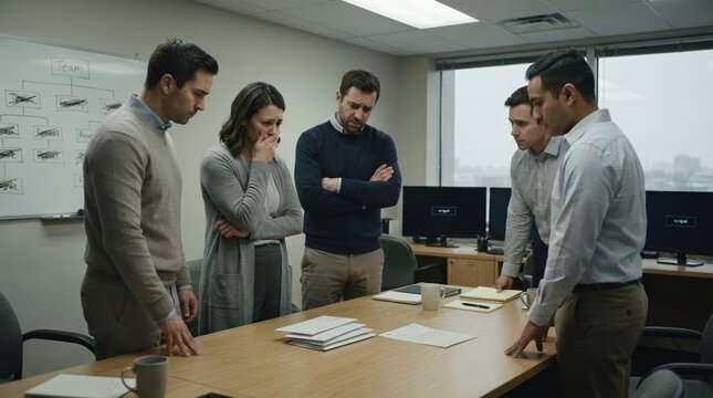 Concerned employees in business casual clothing standing by a conference table with sealed envelopes, idle monitors, and a whiteboard org chart, capturing a tense corporate downsizing atmosphere after