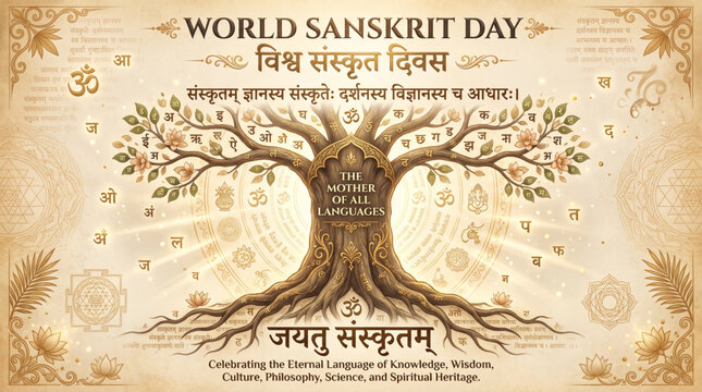 World Sanskrit Day Greeting Banner with Knowledge Tree and Sanskrit Symbols for Cultural Heritage Celebration Design
