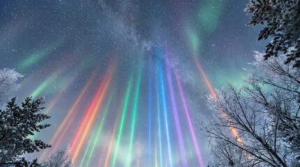 Obraz premium Colorful light pillars shooting into starry night sky