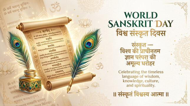World Sanskrit Day Greeting Banner with Ancient Sanskrit Scroll Peacock Feather and Ink Pot for Cultural Celebration