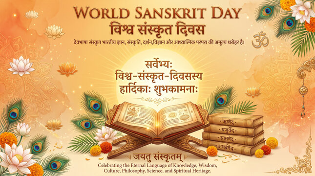 World Sanskrit Day Greeting Banner with Ancient Sanskrit Manuscript Books and Peacock Feathers for Cultural Celebration