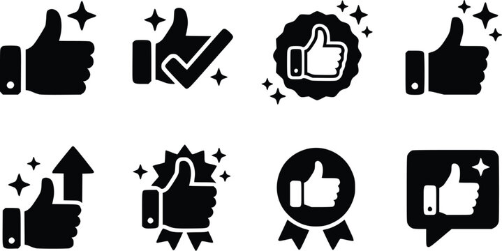 Set of black thumbs up icons for social media and customer feedback