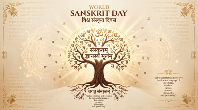 World Sanskrit Day Greeting Banner with Sacred Tree Hindi Typography Ornamental Background for Cultural Celebration Design