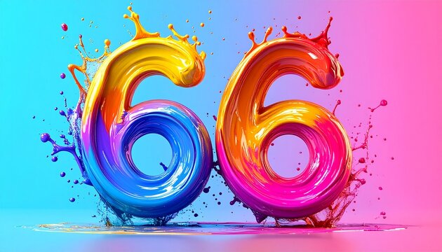 Vibrant colorful number sixty-six splashing paint on gradient background