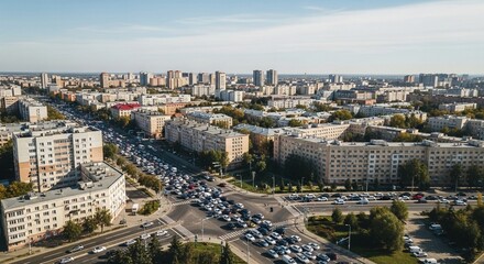 Obraz premium Aerial View of Heavy Traffic Congestion on a City Intersection and Surrounding Roads