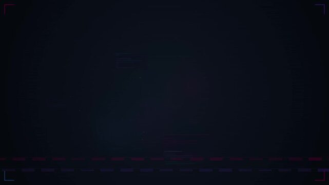 Dark futuristic digital background with corner viewfinder brackets, glitch distortion effects, and matrix grid pattern at bottom in purple and blue tones