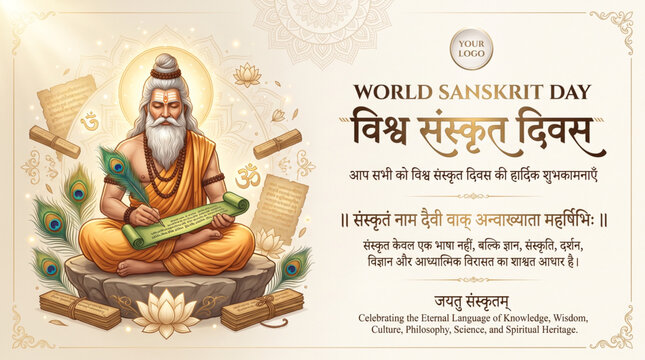 World Sanskrit Day Greeting Banner with Ancient Sage Illustration Hindi Typography and Lotus for Cultural Celebration Design