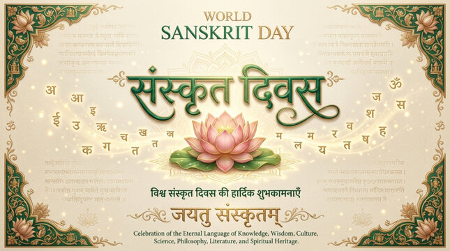 World Sanskrit Day Greeting Banner with Lotus Flower Hindi Typography Ornamental Border for Cultural Celebration Design
