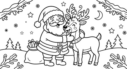 Illustration of santa claus hugging a reindeer with festive trees and stars in background © md
