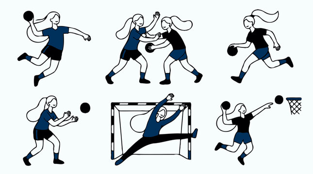Female handball players action and goal keeper flat pattern 