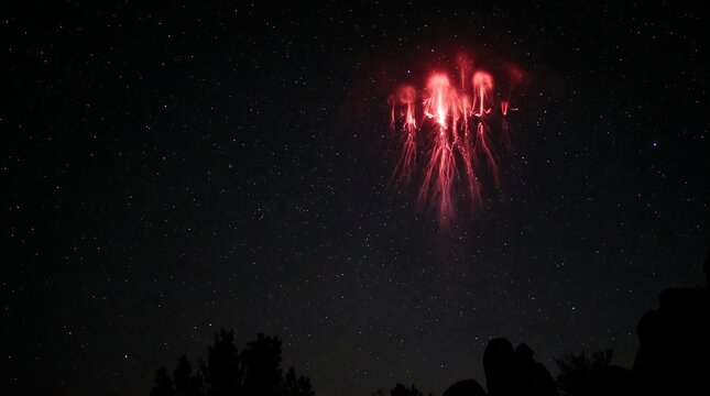 Red sprite lightning in the night sky with stars