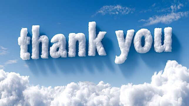 Thank you message forming from white cumulus clouds against a vibrant blue sky, symbolizing gratitude, appreciation, and positive communication