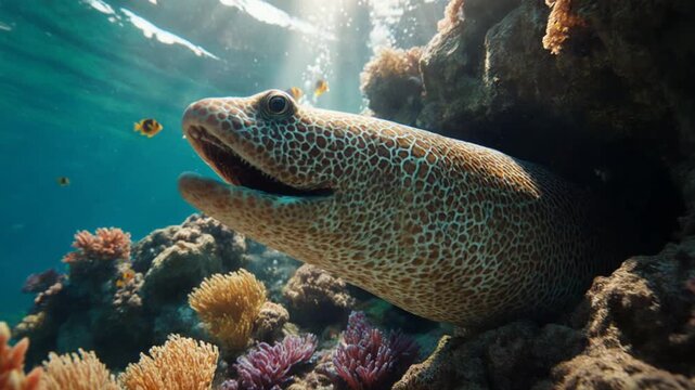 Giant Moray Eel Swimming Through a Tropical Coral Reef