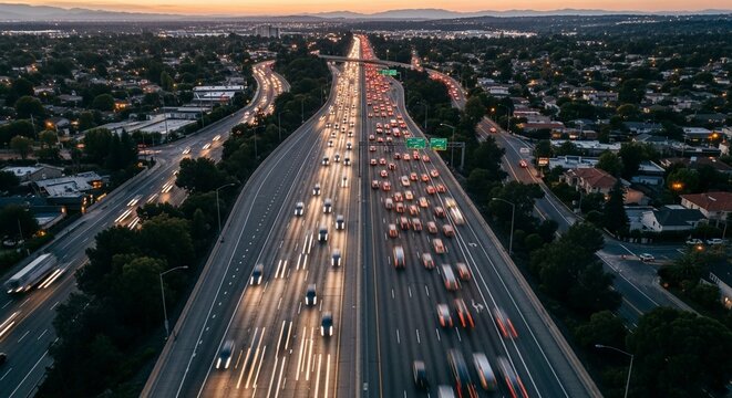Aerial view of a busy evening rush hour freeway with countless vehicles and illuminated lanes at dusk
