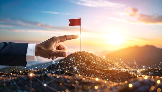 Close-up of a hand touching the top of a sparkling digital terrain with a flag, conveying ambition, milestones, technology, and business achievement.