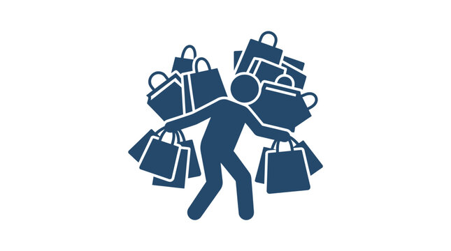 Silhouette of person carrying many heavy shopping bags.