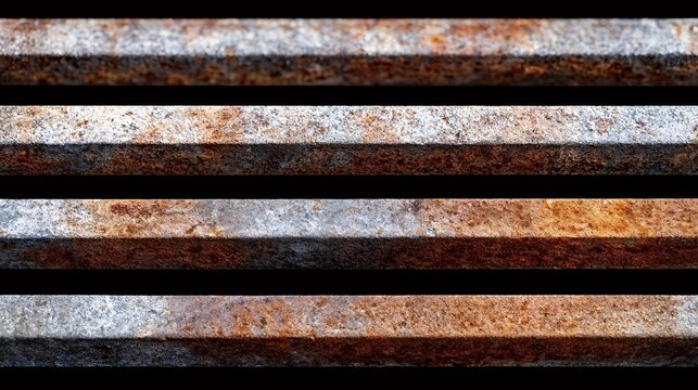 Rusty metal bars presenting a textured pattern of corrosion and decay, forming a weathered industrial background with parallel lines and gritty details